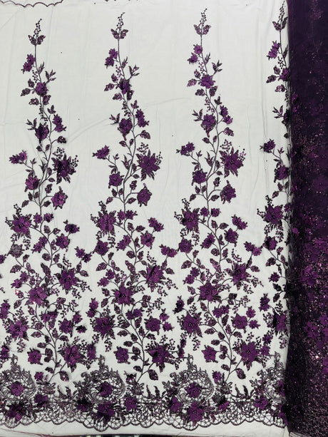 Princess Glitter 3D Floral Design Lace Polyester Fabric - Double Scallop, Mesh Lace, 54" Width (1 Yard)