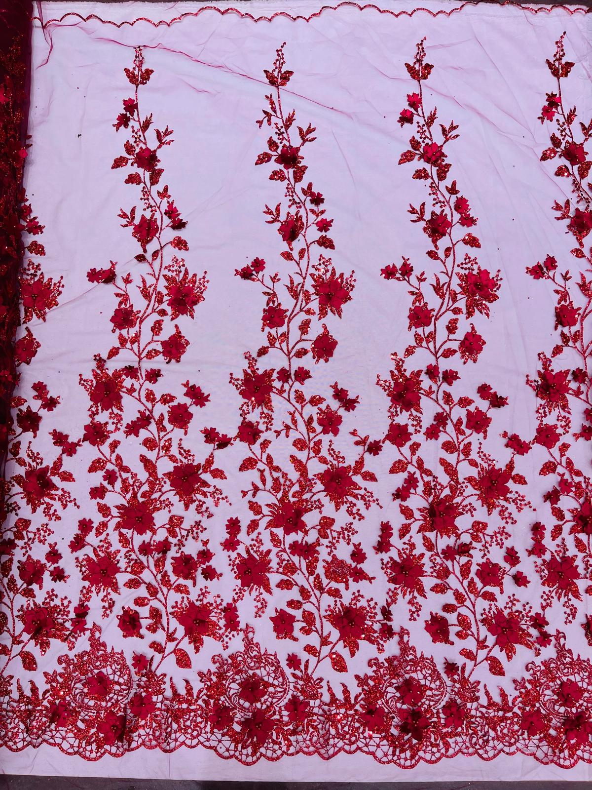 Princess Glitter 3D Floral Design Lace Polyester Fabric - Double Scallop, Mesh Lace, 54" Width (1 Yard)