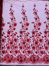 Princess Glitter 3D Floral Design Lace Polyester Fabric - Double Scallop, Mesh Lace, 54" Width (1 Yard)