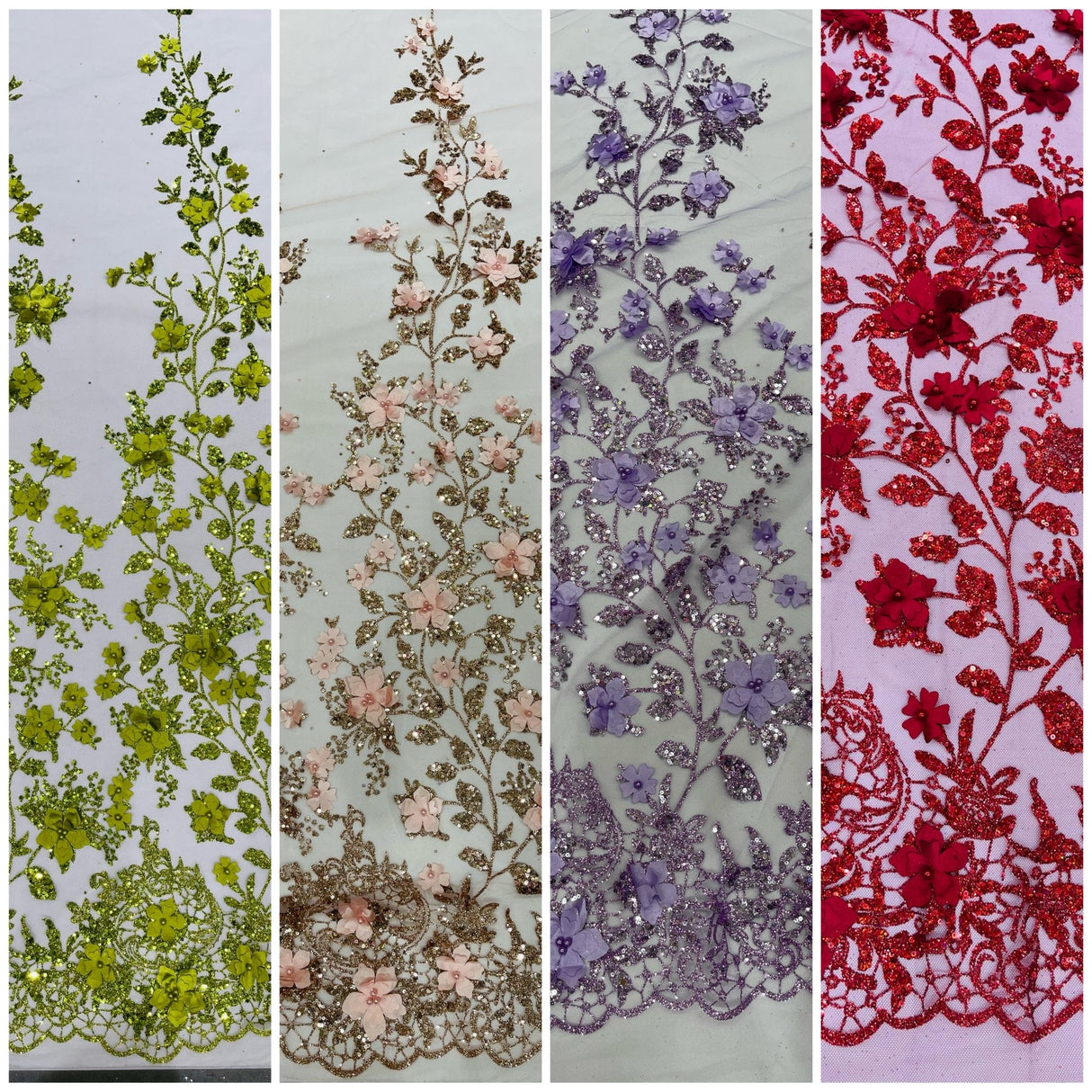 Princess Glitter 3D Floral Design Lace Polyester Fabric - Double Scallop, Mesh Lace, 54" Width (1 Yard)