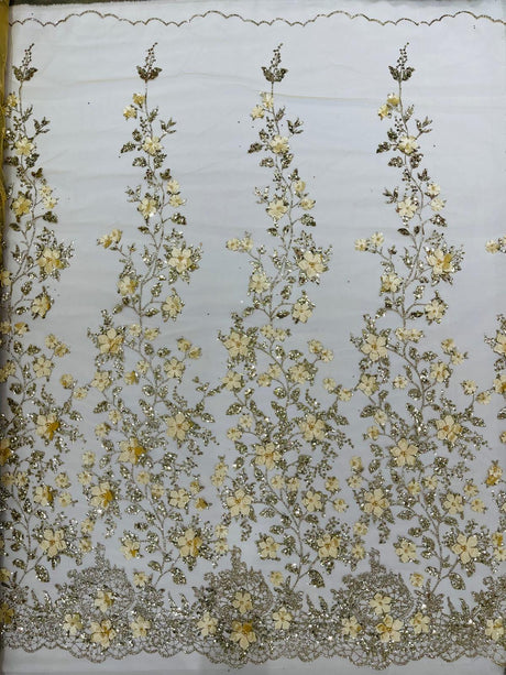 Princess Glitter 3D Floral Design Lace Polyester Fabric - Double Scallop, Mesh Lace, 54" Width (1 Yard)