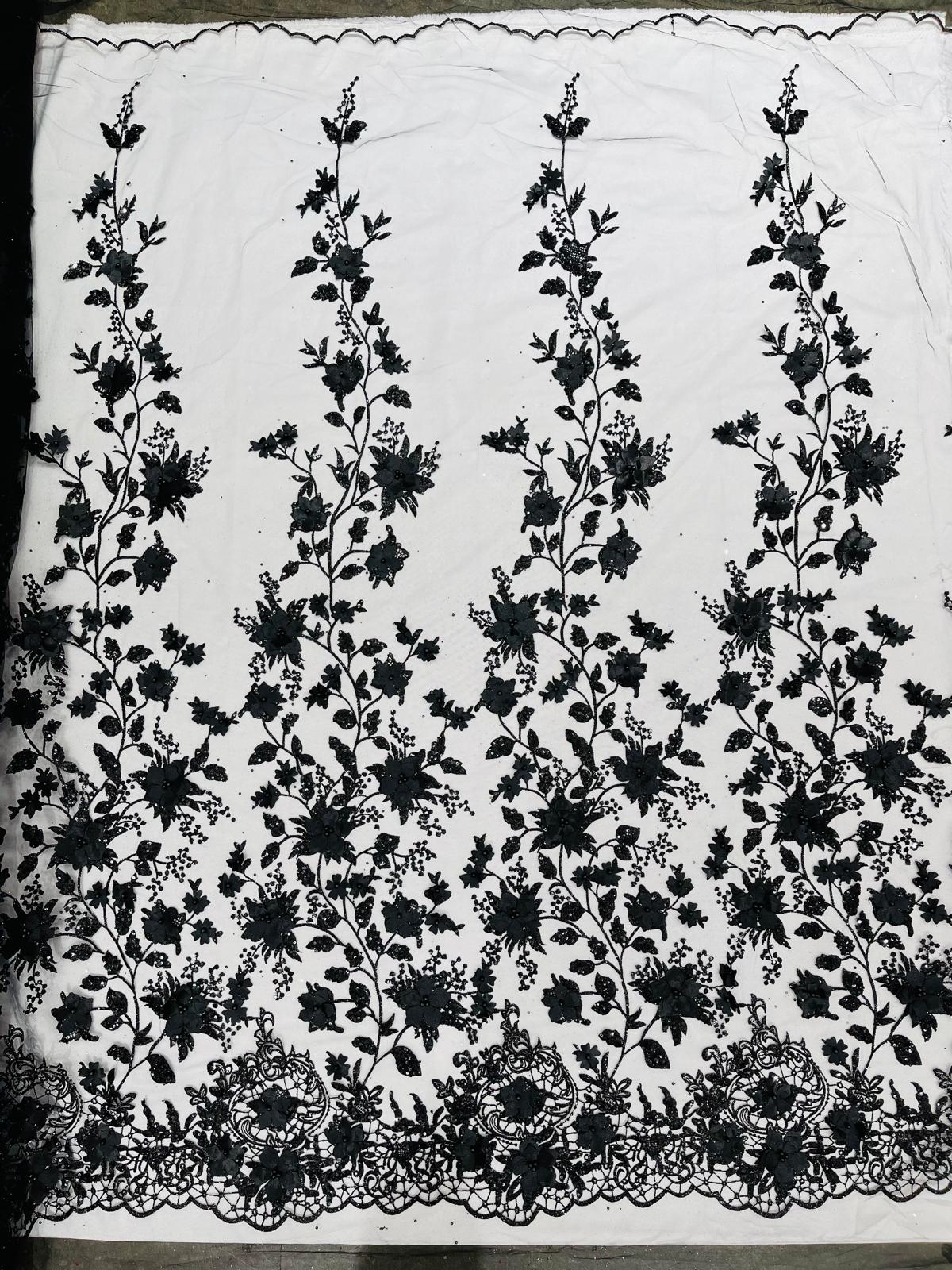 Princess Glitter 3D Floral Design Lace Polyester Fabric - Double Scallop, Mesh Lace, 54" Width (1 Yard)