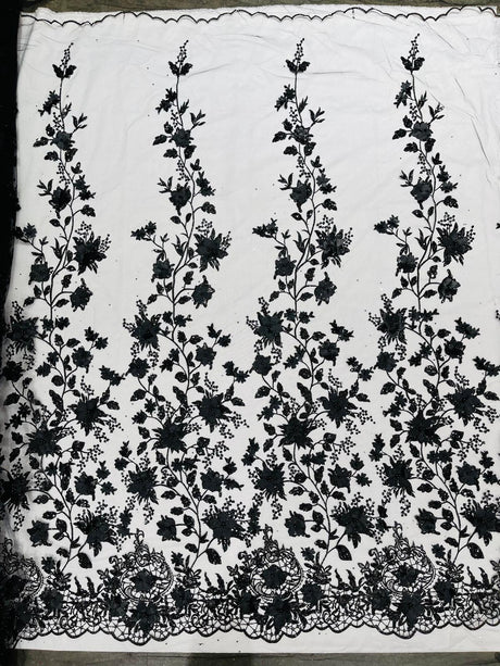 Princess Glitter 3D Floral Design Lace Polyester Fabric - Double Scallop, Mesh Lace, 54" Width (1 Yard)