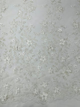 Princess Glitter 3D Floral Design Lace Polyester Fabric - Double Scallop, Mesh Lace, 54" Width (1 Yard)