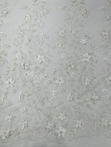 Princess Glitter 3D Floral Design Lace Polyester Fabric - Double Scallop, Mesh Lace, 54" Width (1 Yard)
