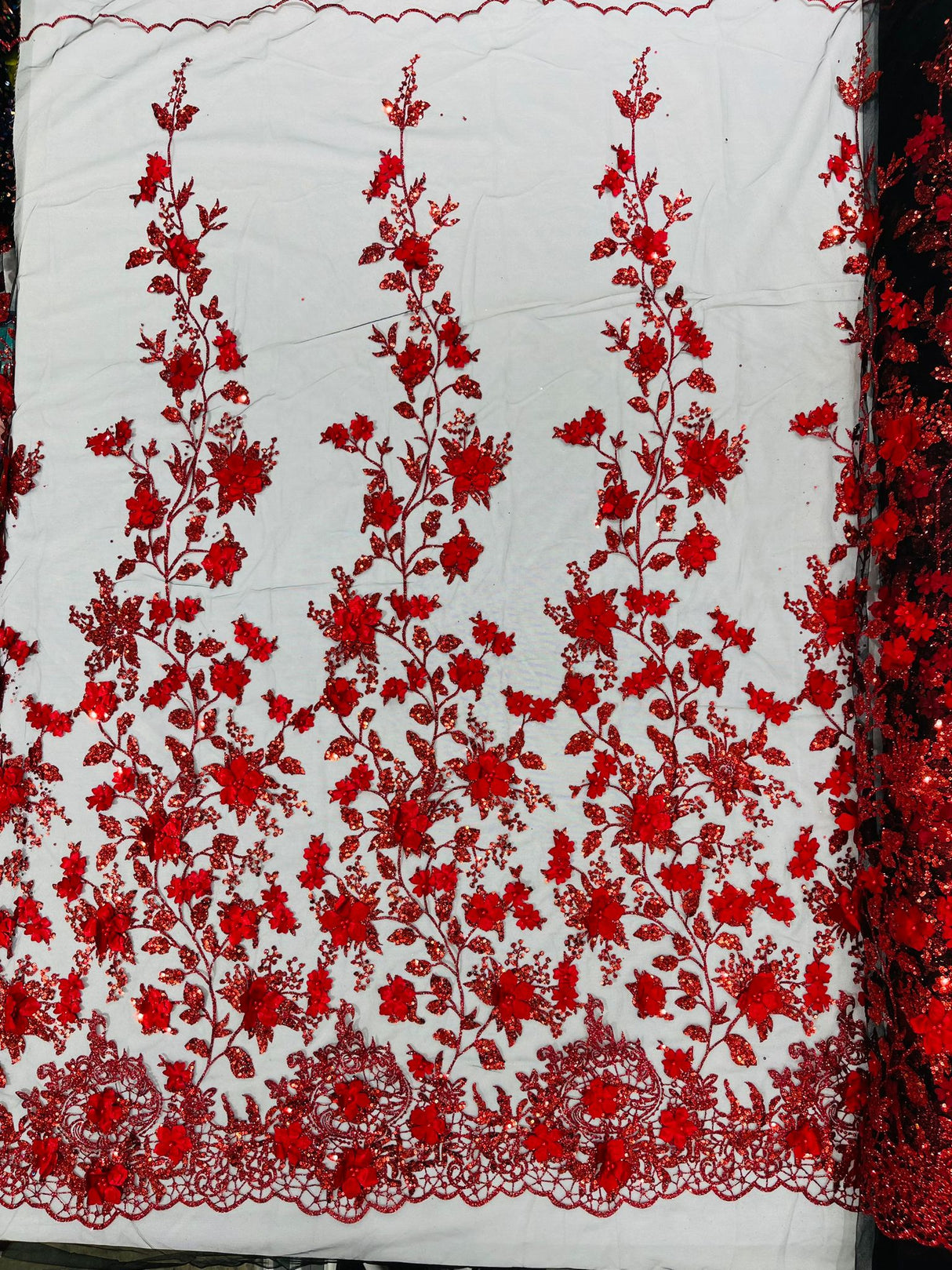 Princess Glitter 3D Floral Design Lace Polyester Fabric - Double Scallop, Mesh Lace, 54" Width (1 Yard)