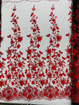 Princess Glitter 3D Floral Design Lace Polyester Fabric - Double Scallop, Mesh Lace, 54" Width (1 Yard)