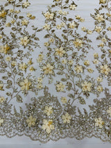 Princess Glitter 3D Floral Design Lace Polyester Fabric - Double Scallop, Mesh Lace, 54" Width (1 Yard)
