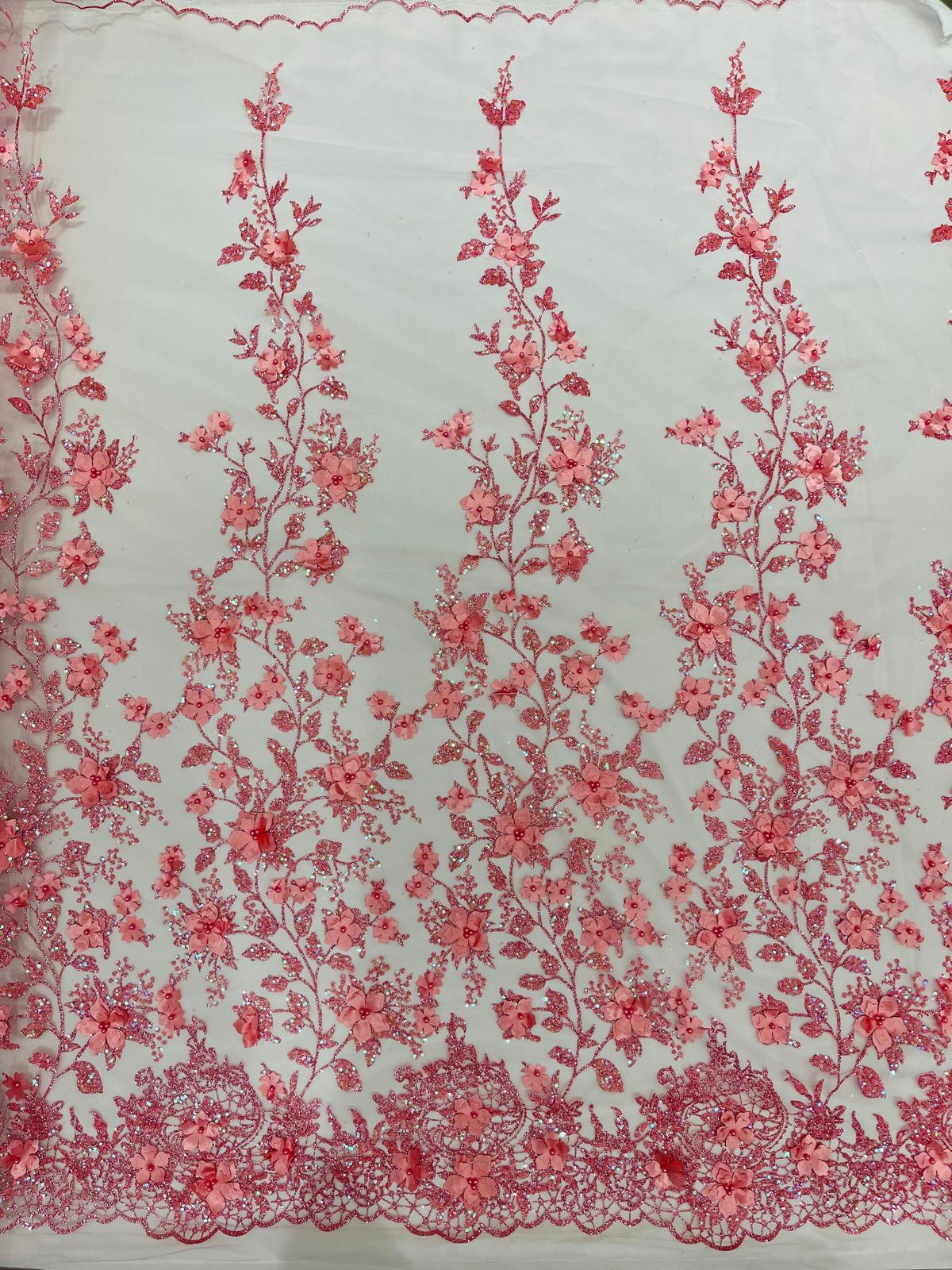 Princess Glitter 3D Floral Design Lace Polyester Fabric - Double Scallop, Mesh Lace, 54" Width (1 Yard)