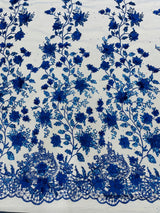 Princess Glitter 3D Floral Design Lace Polyester Fabric - Double Scallop, Mesh Lace, 54" Width (1 Yard)