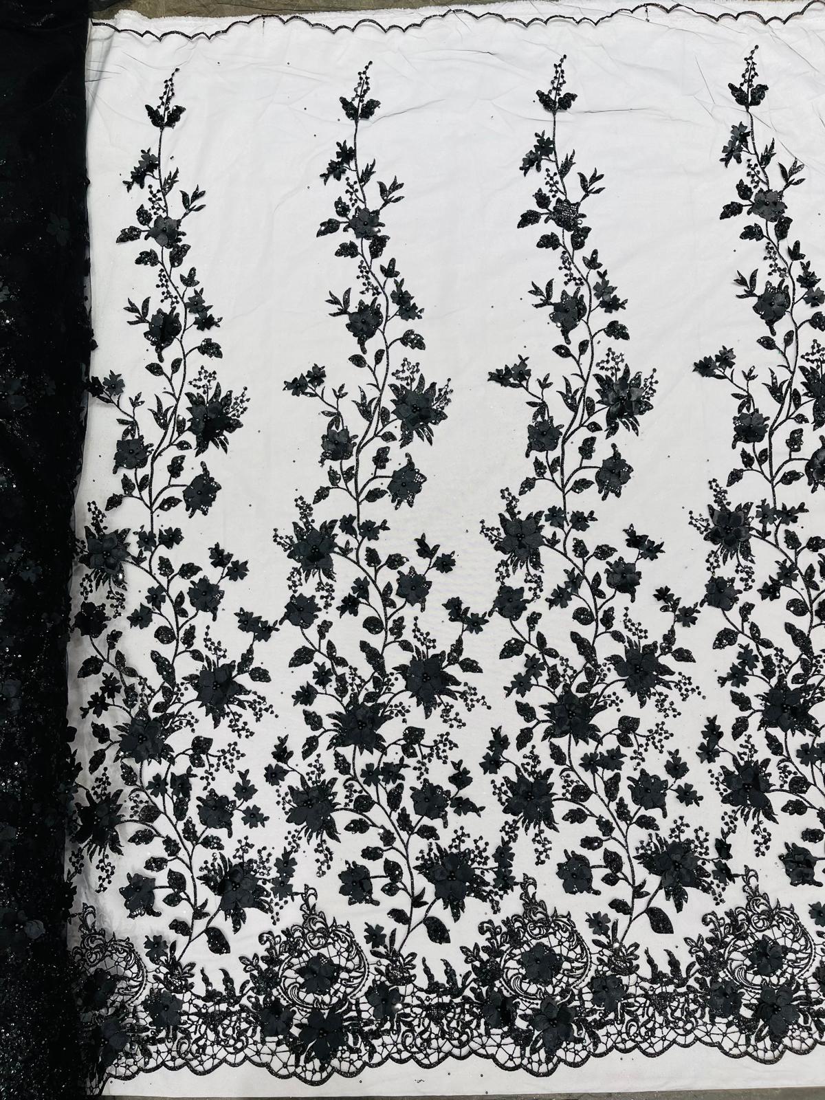 Princess Glitter 3D Floral Design Lace Polyester Fabric - Double Scallop, Mesh Lace, 54" Width (1 Yard)