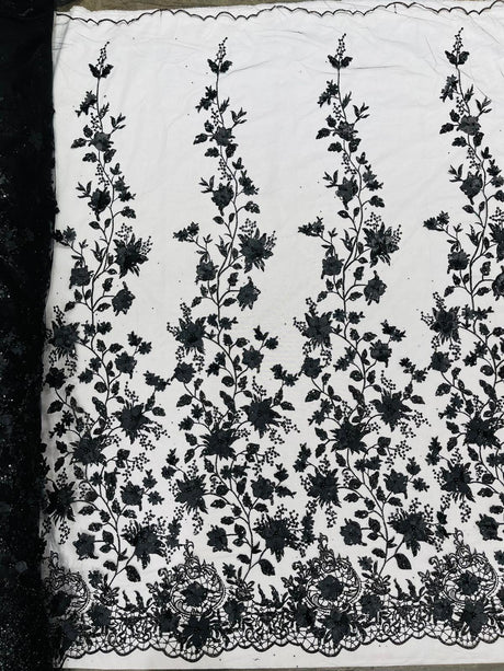 Princess Glitter 3D Floral Design Lace Polyester Fabric - Double Scallop, Mesh Lace, 54" Width (1 Yard)