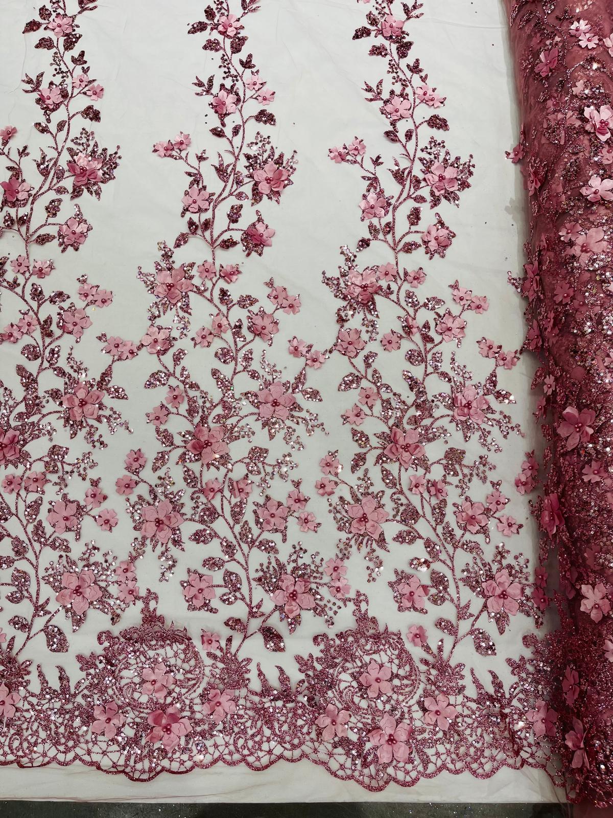 Princess Glitter 3D Floral Design Lace Polyester Fabric - Double Scallop, Mesh Lace, 54" Width (1 Yard)