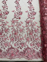 Princess Glitter 3D Floral Design Lace Polyester Fabric - Double Scallop, Mesh Lace, 54" Width (1 Yard)