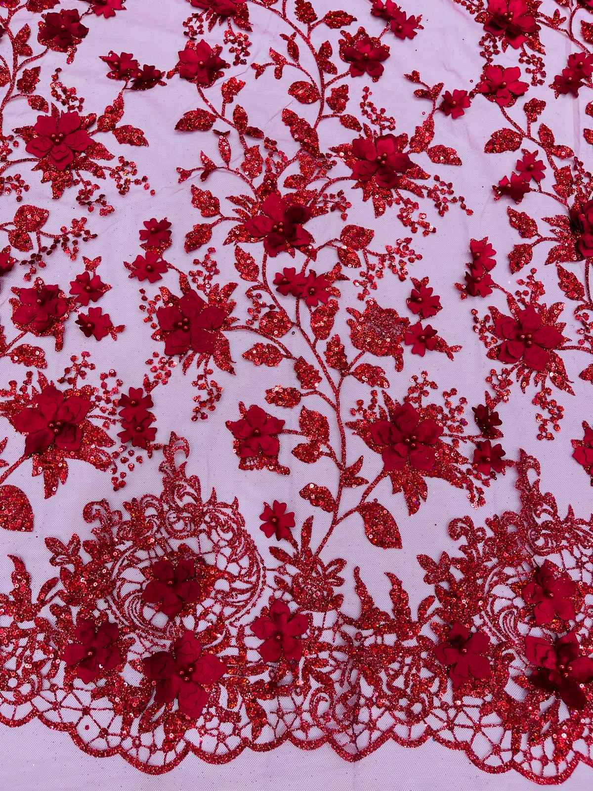 Princess Glitter 3D Floral Design Lace Polyester Fabric - Double Scallop, Mesh Lace, 54" Width (1 Yard)