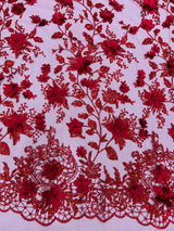 Princess Glitter 3D Floral Design Lace Polyester Fabric - Double Scallop, Mesh Lace, 54" Width (1 Yard)