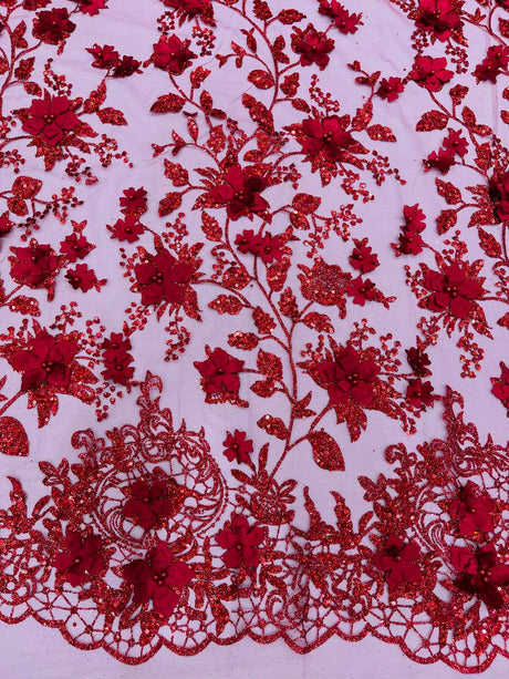 Princess Glitter 3D Floral Design Lace Polyester Fabric - Double Scallop, Mesh Lace, 54" Width (1 Yard)