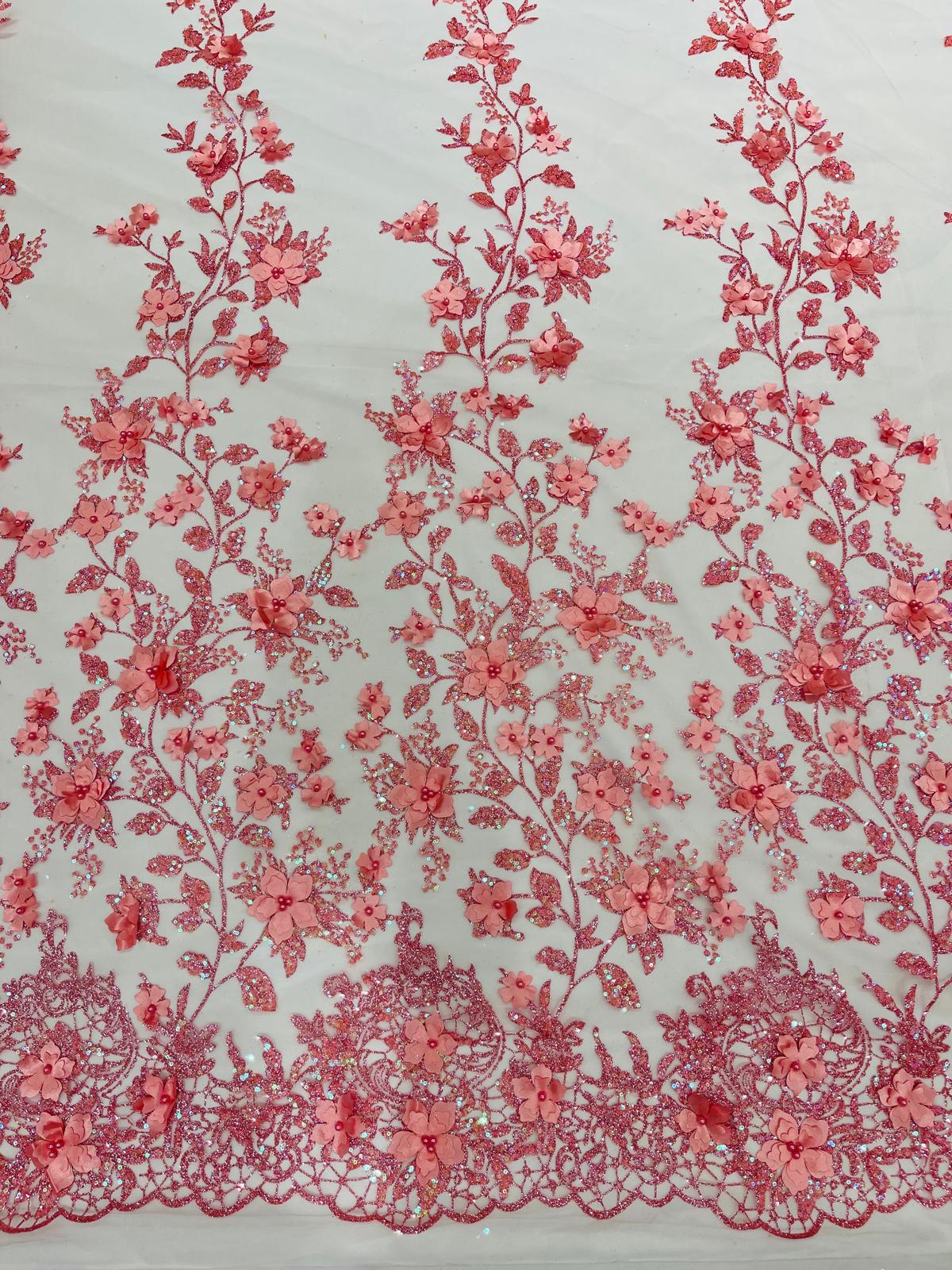 Princess Glitter 3D Floral Design Lace Polyester Fabric - Double Scallop, Mesh Lace, 54" Width (1 Yard)