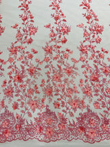 Princess Glitter 3D Floral Design Lace Polyester Fabric - Double Scallop, Mesh Lace, 54" Width (1 Yard)