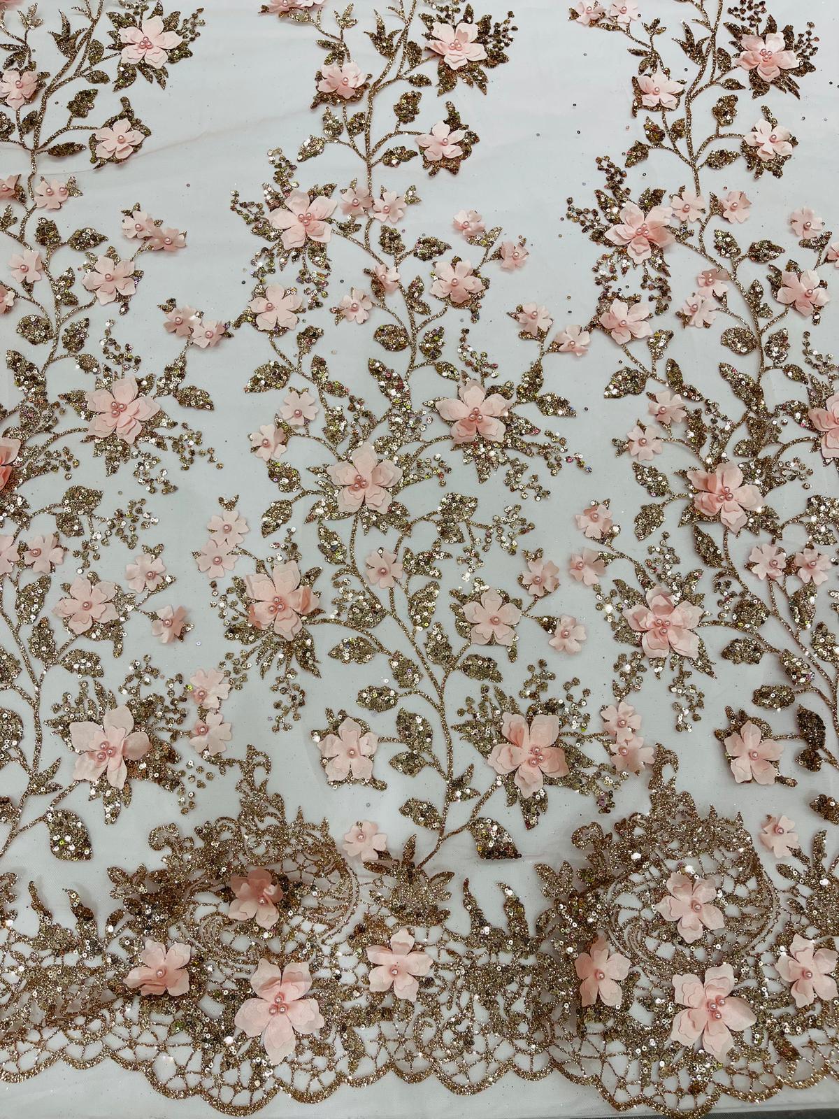 Princess Glitter 3D Floral Design Lace Polyester Fabric - Double Scallop, Mesh Lace, 54" Width (1 Yard)
