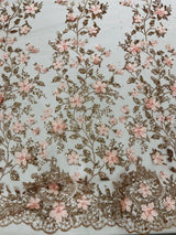 Princess Glitter 3D Floral Design Lace Polyester Fabric - Double Scallop, Mesh Lace, 54" Width (1 Yard)