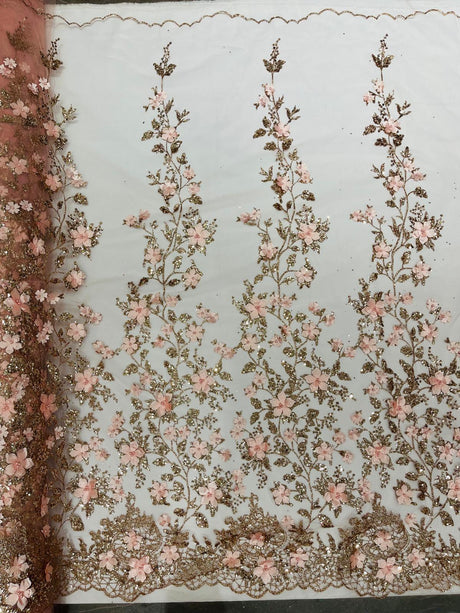 Princess Glitter 3D Floral Design Lace Polyester Fabric - Double Scallop, Mesh Lace, 54" Width (1 Yard)