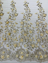 Princess Glitter 3D Floral Design Lace Polyester Fabric - Double Scallop, Mesh Lace, 54" Width (1 Yard)