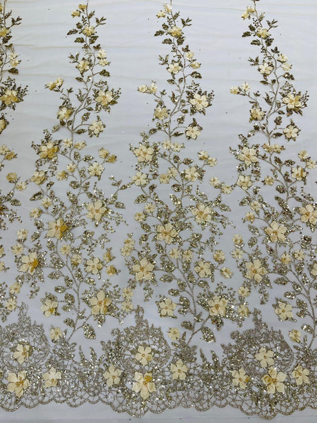 Princess Glitter 3D Floral Design Lace Polyester Fabric - Double Scallop, Mesh Lace, 54" Width (1 Yard)