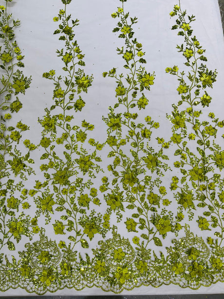Princess Glitter 3D Floral Design Lace Polyester Fabric - Double Scallop, Mesh Lace, 54" Width (1 Yard)