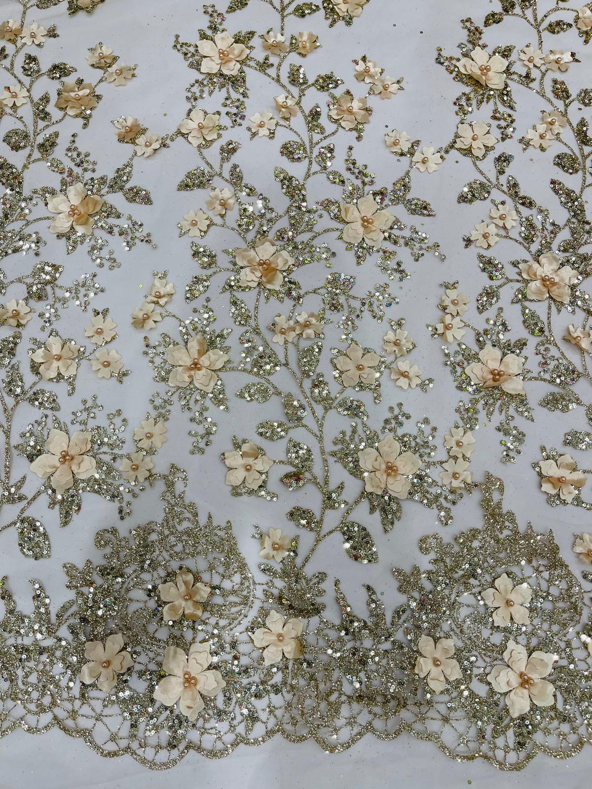 Princess Glitter 3D Floral Design Lace Polyester Fabric - Double Scallop, Mesh Lace, 54" Width (1 Yard)