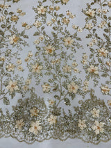 Princess Glitter 3D Floral Design Lace Polyester Fabric - Double Scallop, Mesh Lace, 54" Width (1 Yard)