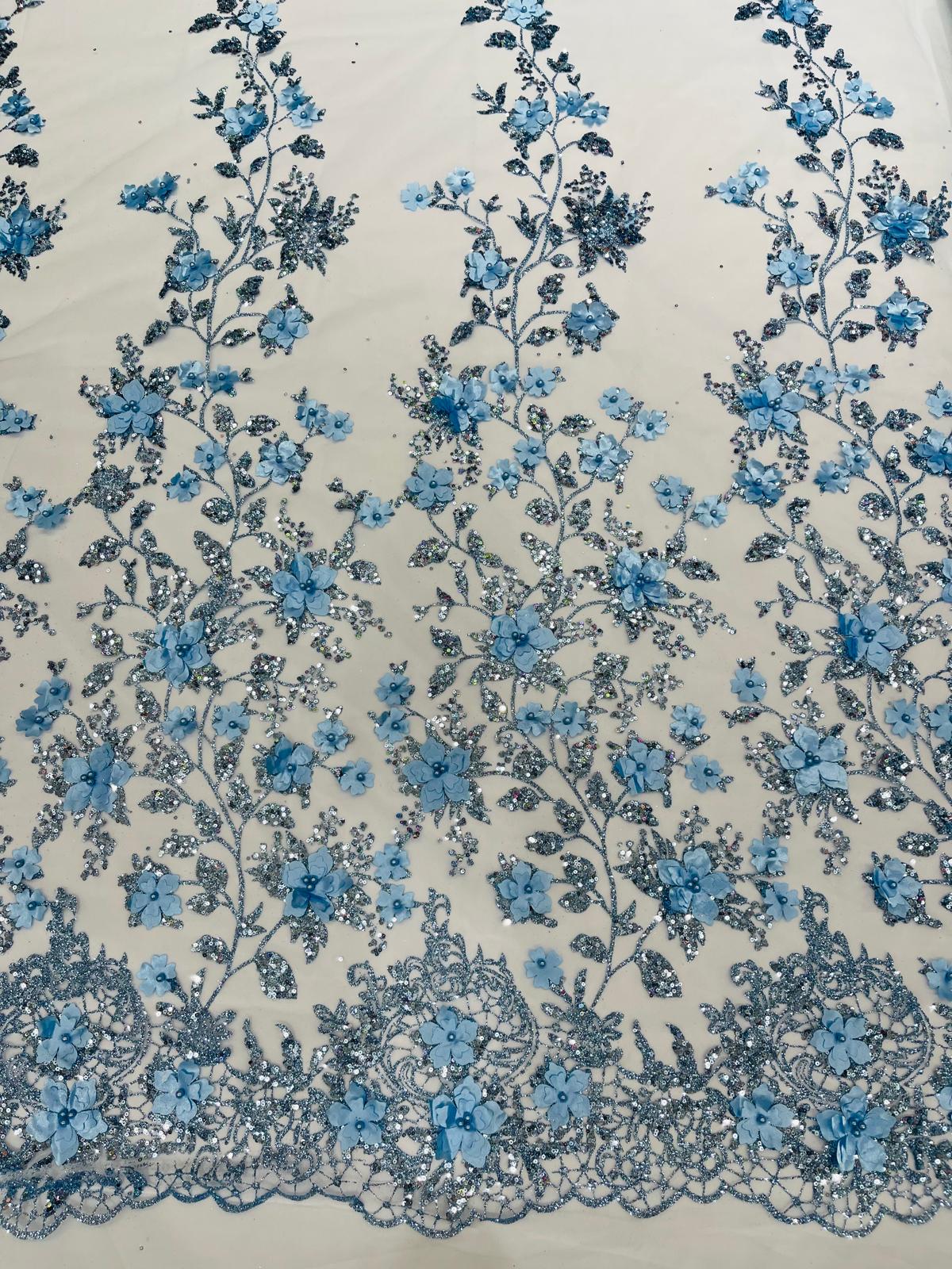 Princess Glitter 3D Floral Design Lace Polyester Fabric - Double Scallop, Mesh Lace, 54" Width (1 Yard)