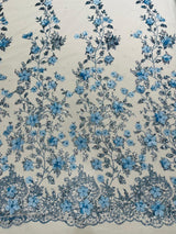Princess Glitter 3D Floral Design Lace Polyester Fabric - Double Scallop, Mesh Lace, 54" Width (1 Yard)