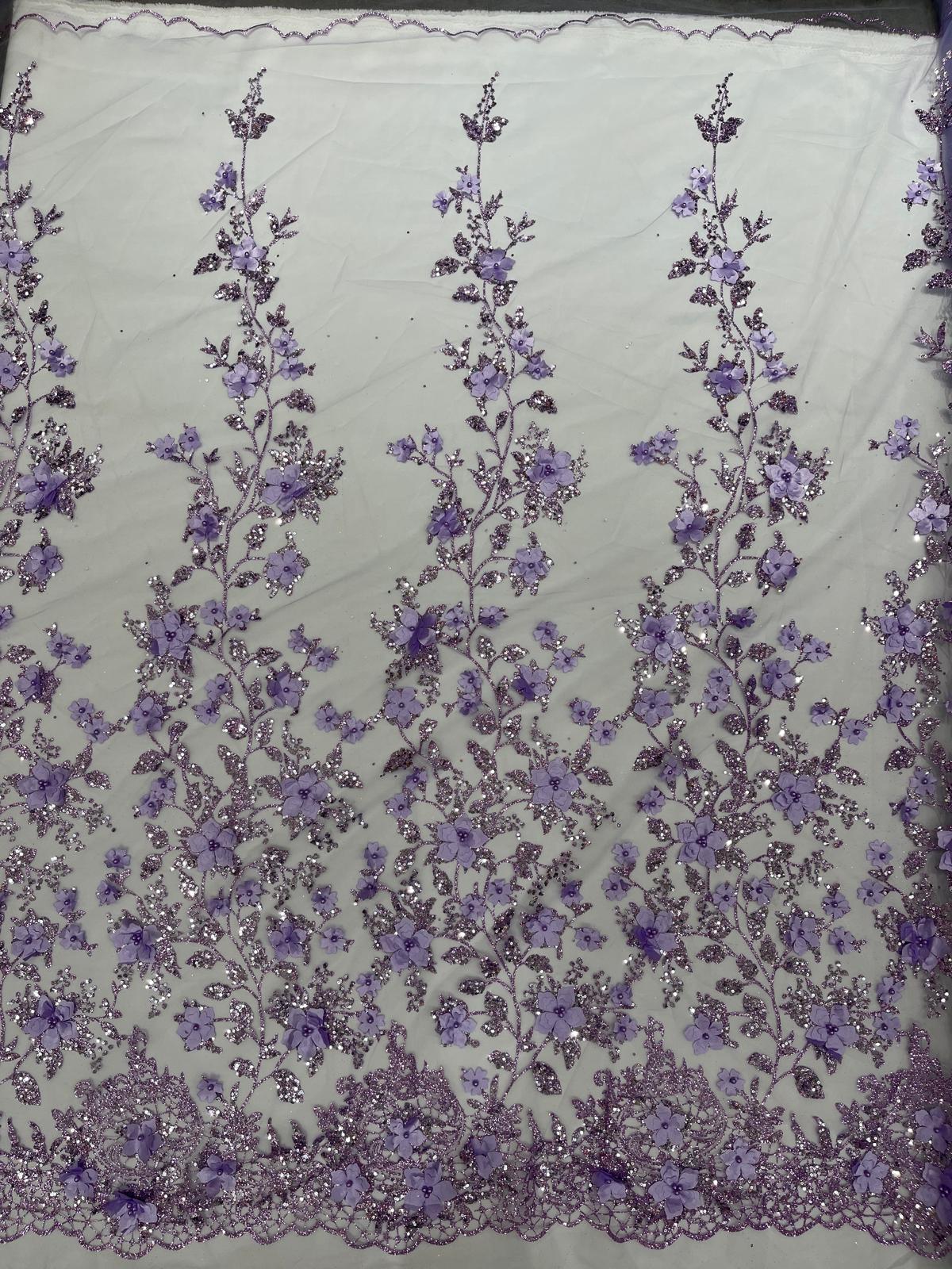 Princess Glitter 3D Floral Design Lace Polyester Fabric - Double Scallop, Mesh Lace, 54" Width (1 Yard)