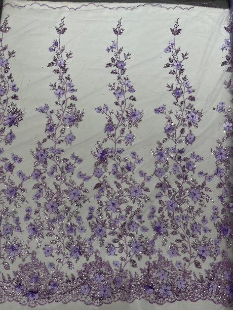 Princess Glitter 3D Floral Design Lace Polyester Fabric - Double Scallop, Mesh Lace, 54" Width (1 Yard)