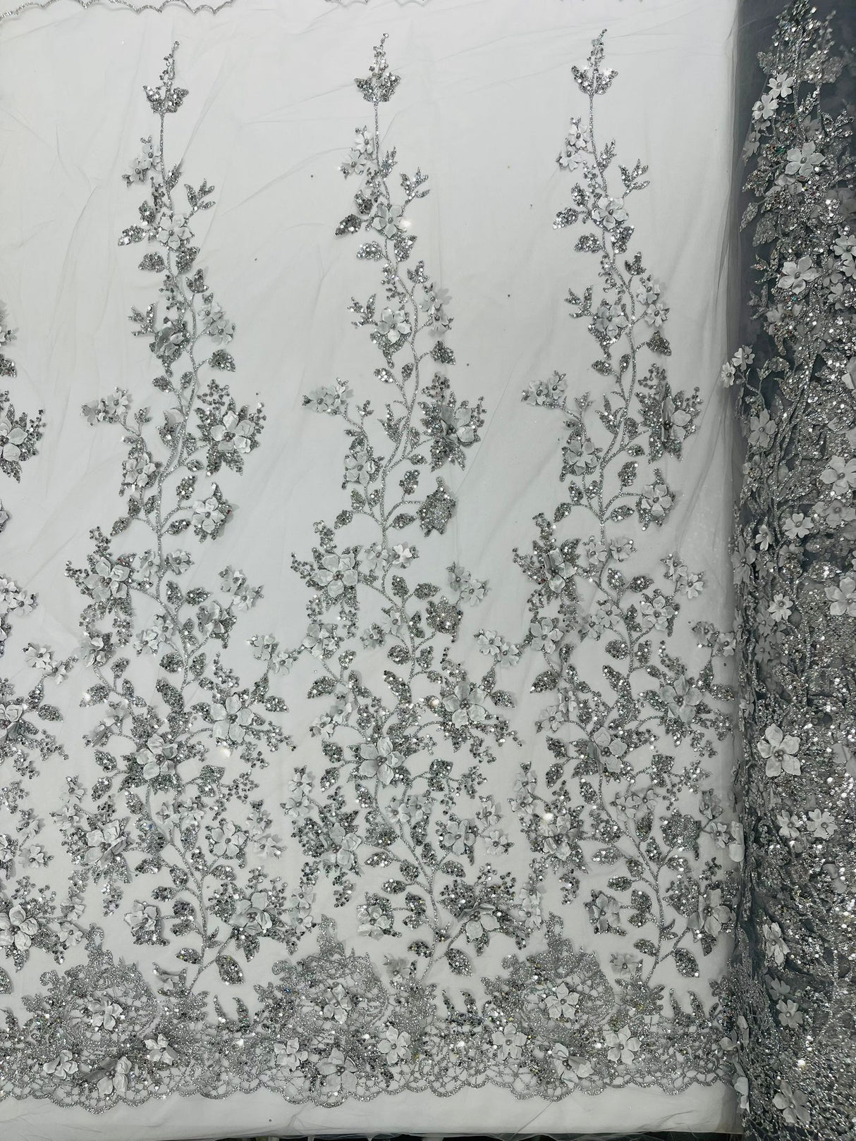 Princess Glitter 3D Floral Design Lace Polyester Fabric - Double Scallop, Mesh Lace, 54" Width (1 Yard)