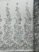 Princess Glitter 3D Floral Design Lace Polyester Fabric - Double Scallop, Mesh Lace, 54" Width (1 Yard)
