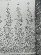Princess Glitter 3D Floral Design Lace Polyester Fabric - Double Scallop, Mesh Lace, 54" Width (1 Yard)