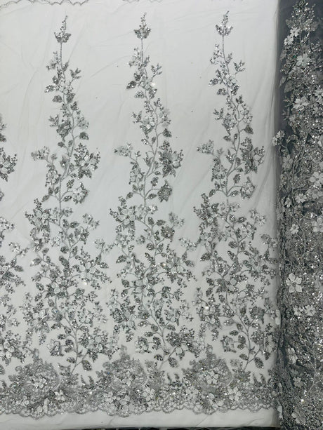 Princess Glitter 3D Floral Design Lace Polyester Fabric - Double Scallop, Mesh Lace, 54" Width (1 Yard)