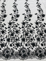 Princess Glitter 3D Floral Design Lace Polyester Fabric - Double Scallop, Mesh Lace, 54" Width (1 Yard)