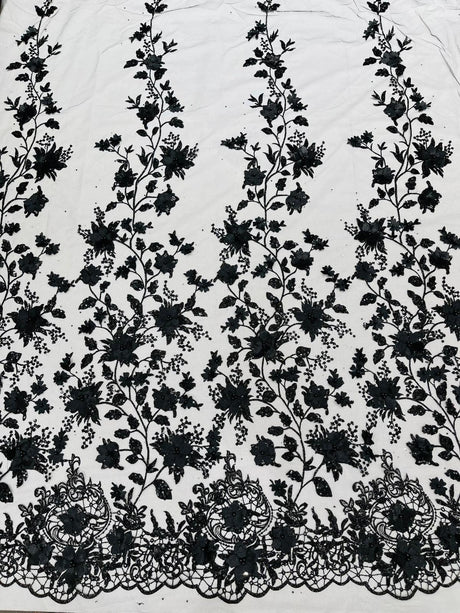 Princess Glitter 3D Floral Design Lace Polyester Fabric - Double Scallop, Mesh Lace, 54" Width (1 Yard)