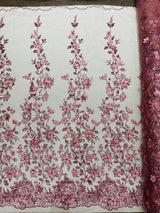 Princess Glitter 3D Floral Design Lace Polyester Fabric - Double Scallop, Mesh Lace, 54" Width (1 Yard)