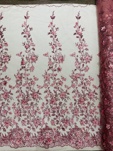 Princess Glitter 3D Floral Design Lace Polyester Fabric - Double Scallop, Mesh Lace, 54" Width (1 Yard)