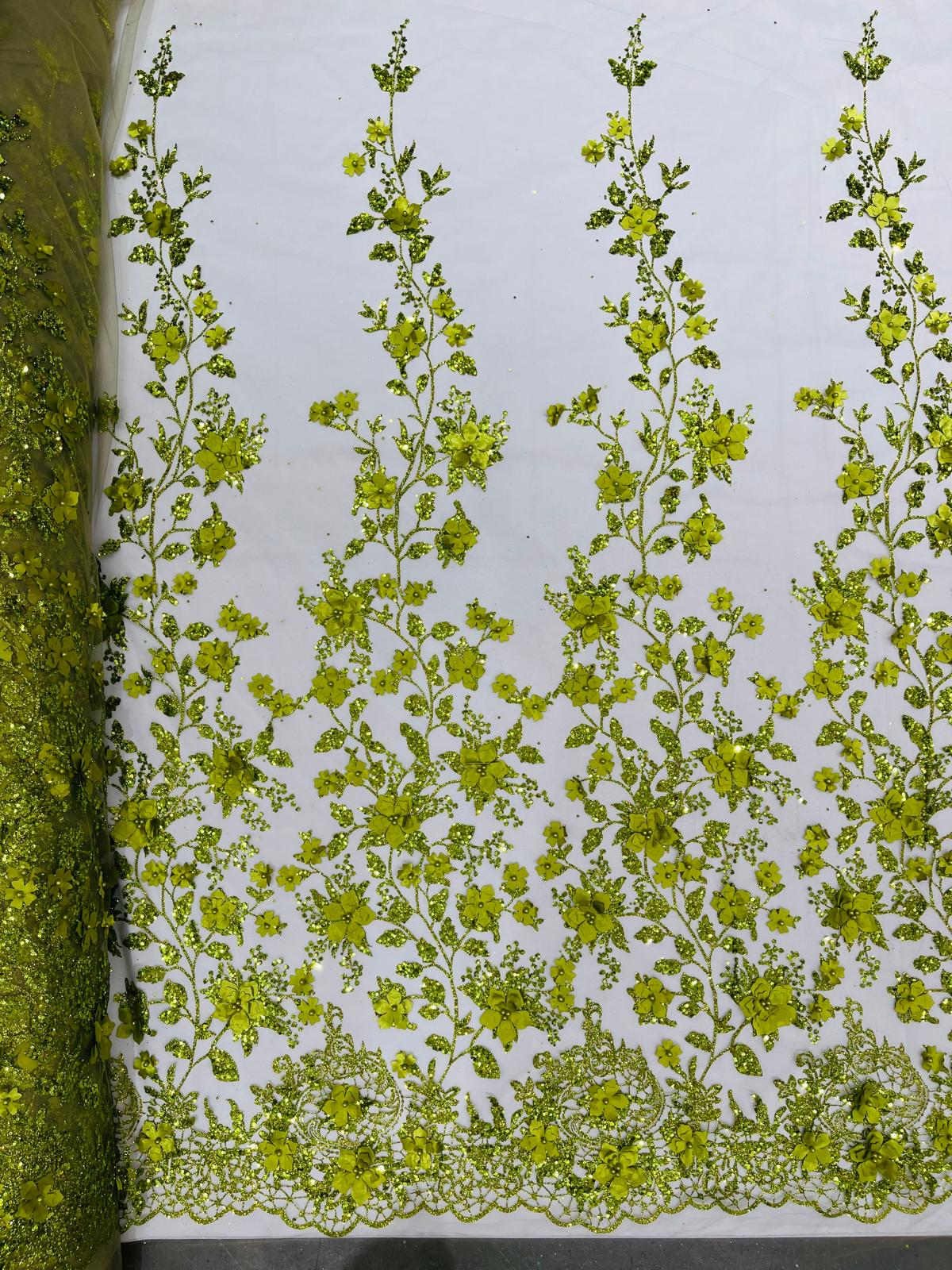 Princess Glitter 3D Floral Design Lace Polyester Fabric - Double Scallop, Mesh Lace, 54" Width (1 Yard)