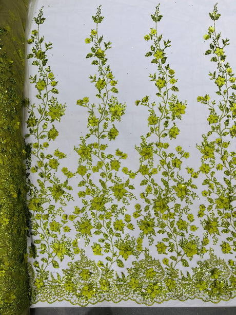 Princess Glitter 3D Floral Design Lace Polyester Fabric - Double Scallop, Mesh Lace, 54" Width (1 Yard)