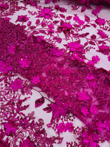 Princess Glitter 3D Floral Design Lace Polyester Fabric - Double Scallop, Mesh Lace, 54" Width (1 Yard)
