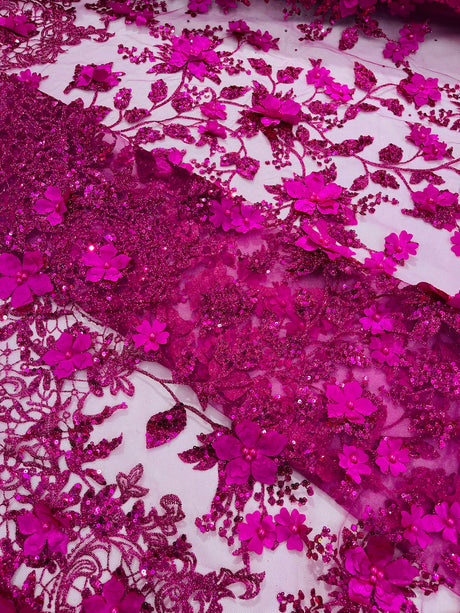 Princess Glitter 3D Floral Design Lace Polyester Fabric - Double Scallop, Mesh Lace, 54" Width (1 Yard)