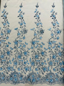 Princess Glitter 3D Floral Design Lace Polyester Fabric - Double Scallop, Mesh Lace, 54" Width (1 Yard)