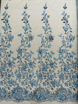 Princess Glitter 3D Floral Design Lace Polyester Fabric - Double Scallop, Mesh Lace, 54" Width (1 Yard)