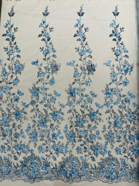 Princess Glitter 3D Floral Design Lace Polyester Fabric - Double Scallop, Mesh Lace, 54" Width (1 Yard)